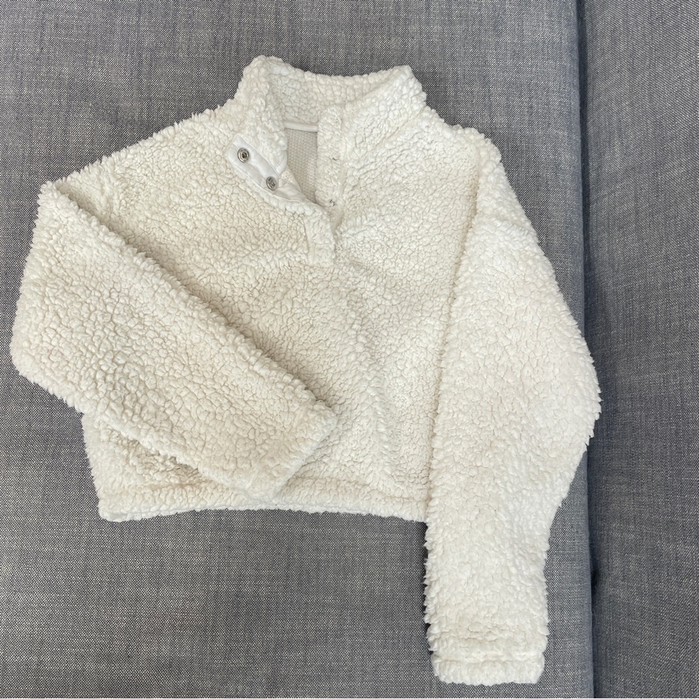 Pacsun Sherpa 1/4 Button Crop Pullover Cream Women's Size Extra Small